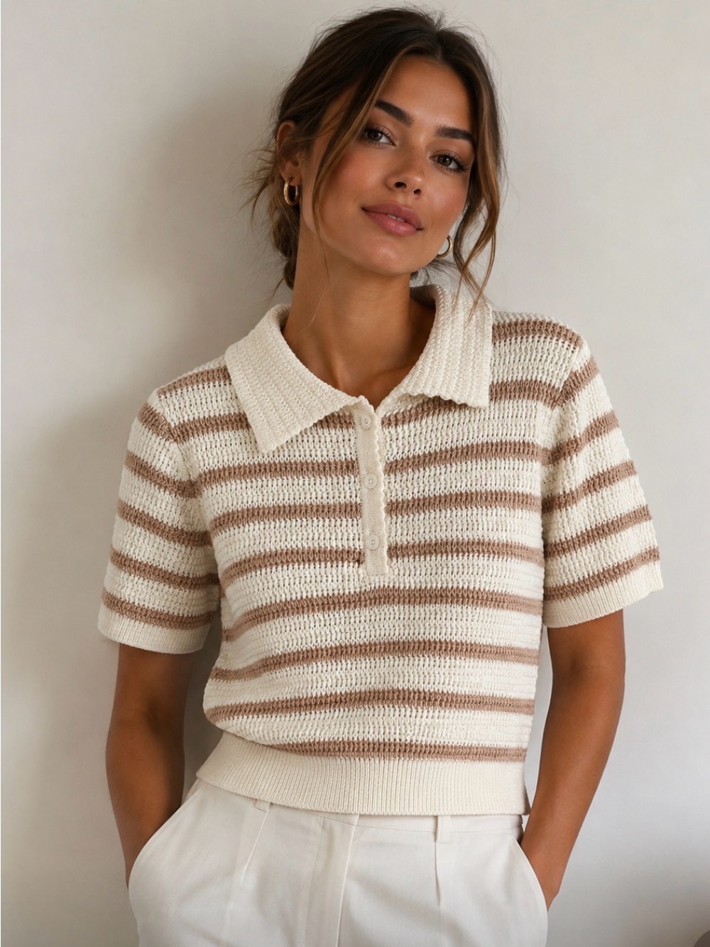 Double Zero Cream & Tan Striped Knit preppy Polo